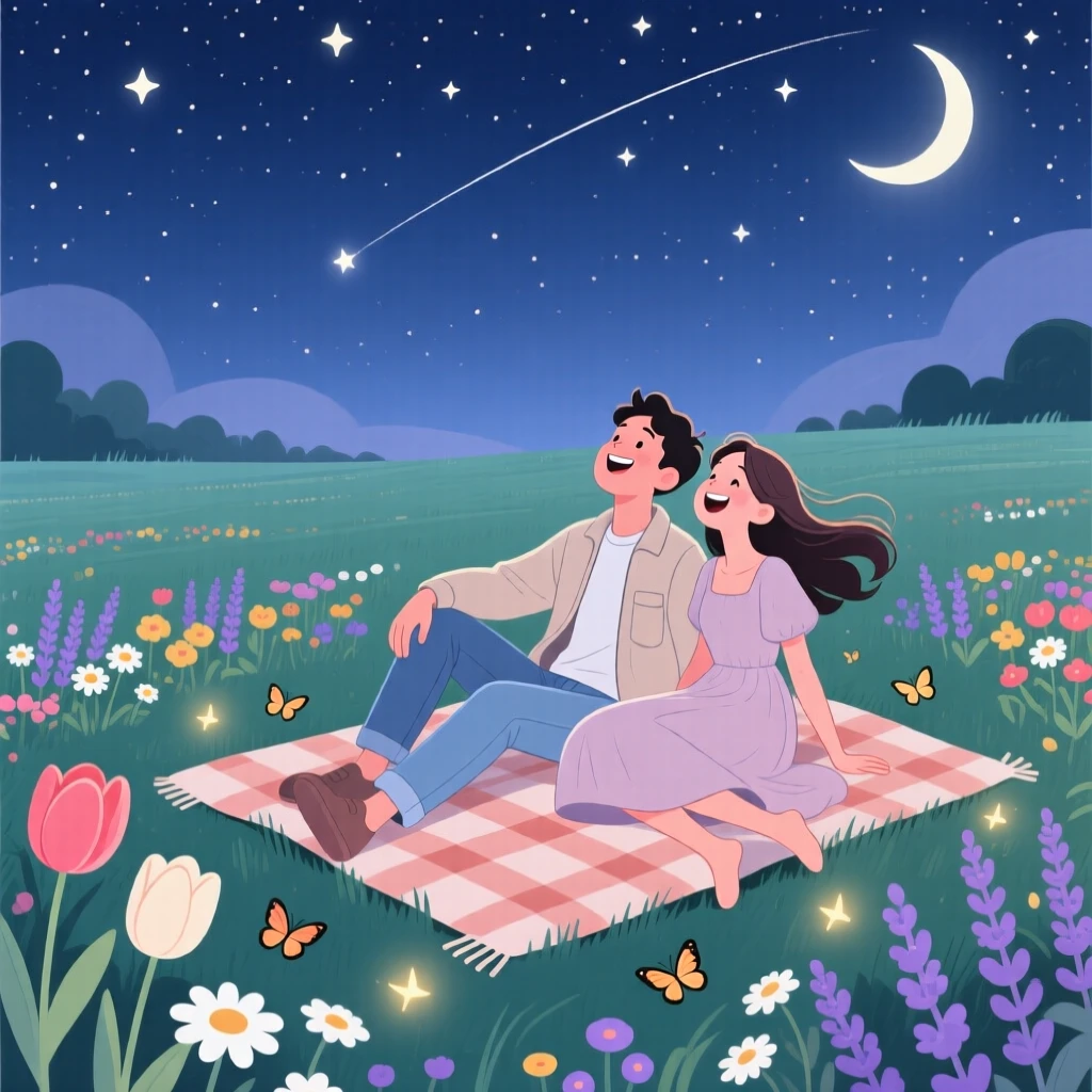 A couple stargazing together on a blanket in an open field, in a peaceful garden filled with seasonal flowers, arranged with the subject slightly off-center for a natural feel, with small joyful details like flying hair or bright laughter.