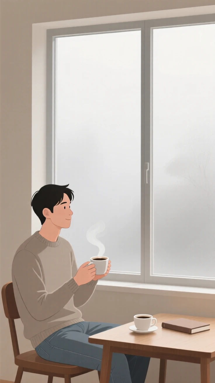 A young father enjoying a quiet cup of coffee by a window on a foggy morning.
