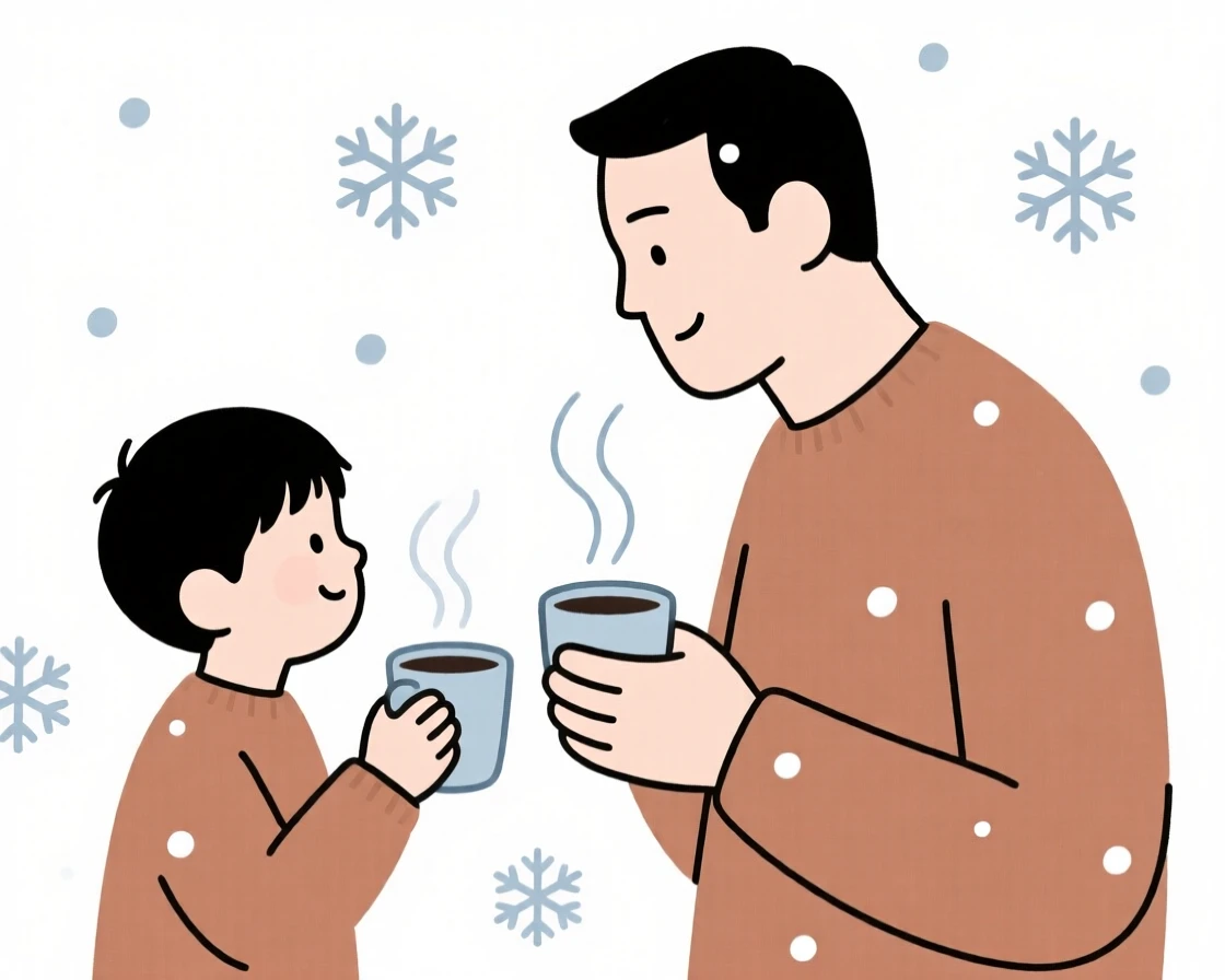A portrait of a father and son sharing a warm drink near soft falling snow, filled with warm connection.