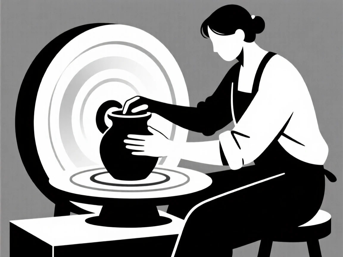 A potter shaping clay on a spinning wheel.