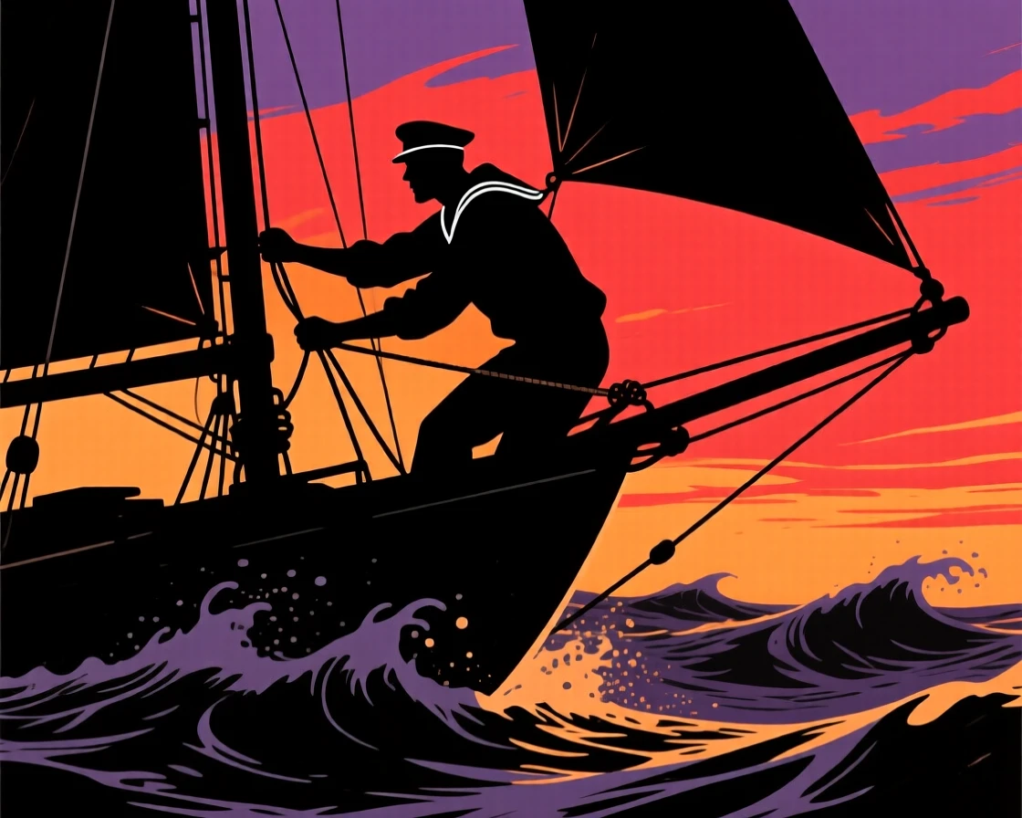 A sailor adjusting the rigging on a sailboat cutting through rough seas.