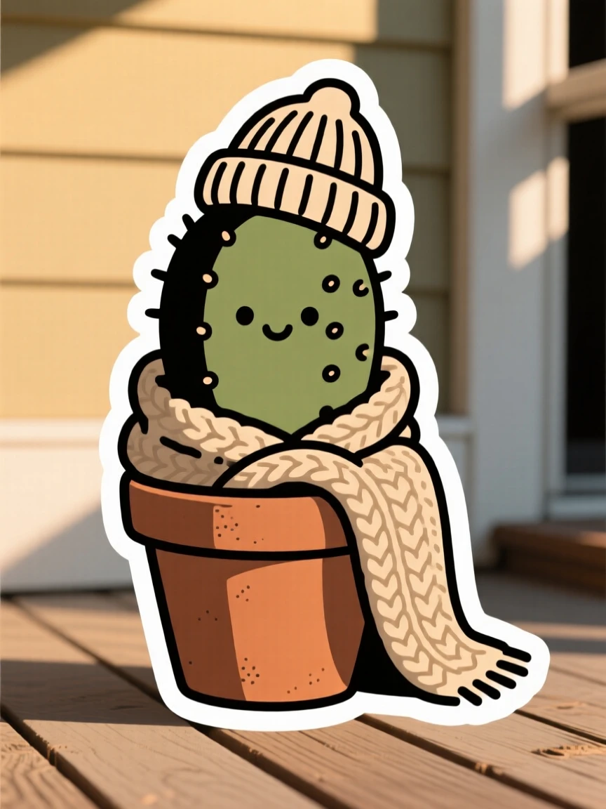 A comforting potted cactus wearing a tiny hat, wrapped in a soft knitted throw, on a porch during golden hour.