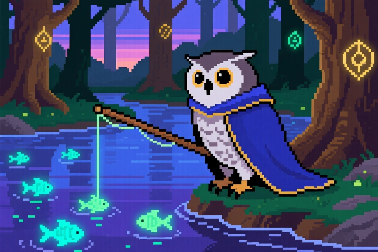 A royal messenger owl wearing a tiny cape fishing for glowing river fish at twilight, in an ancient enchanted forest.