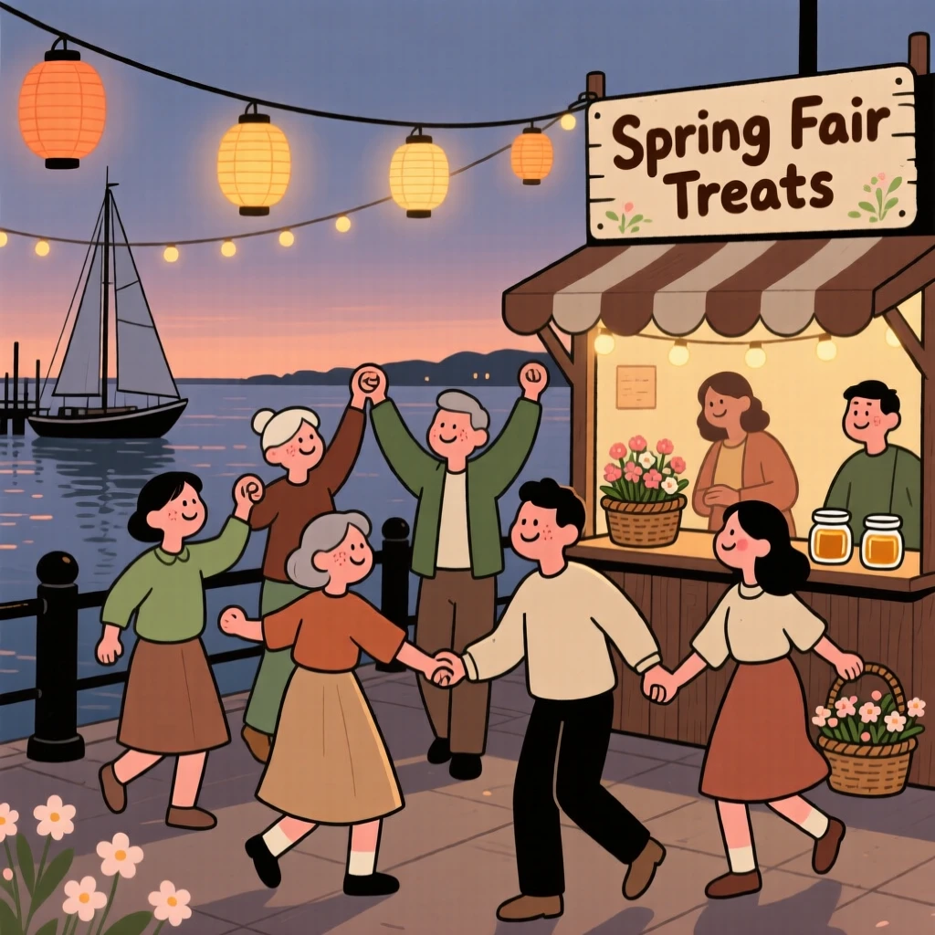 A community gathers in the harbor promenade for a spring fair, dancing together beneath strings of glowing lanterns as evening falls.