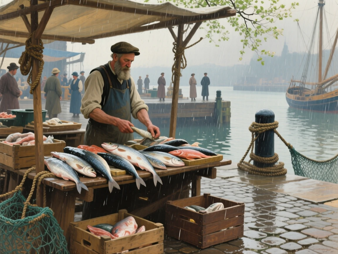 A well-framed scene of a fisherman selling the day's fresh catch at a bustling quayside stall, during a gentle spring shower, in the 1920s.