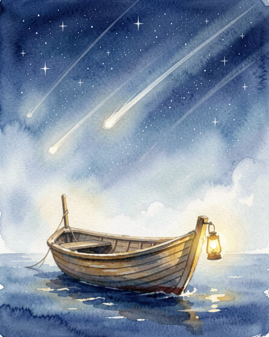A lantern-lit boat sailing through a starry sky as shooting stars streak overhead.