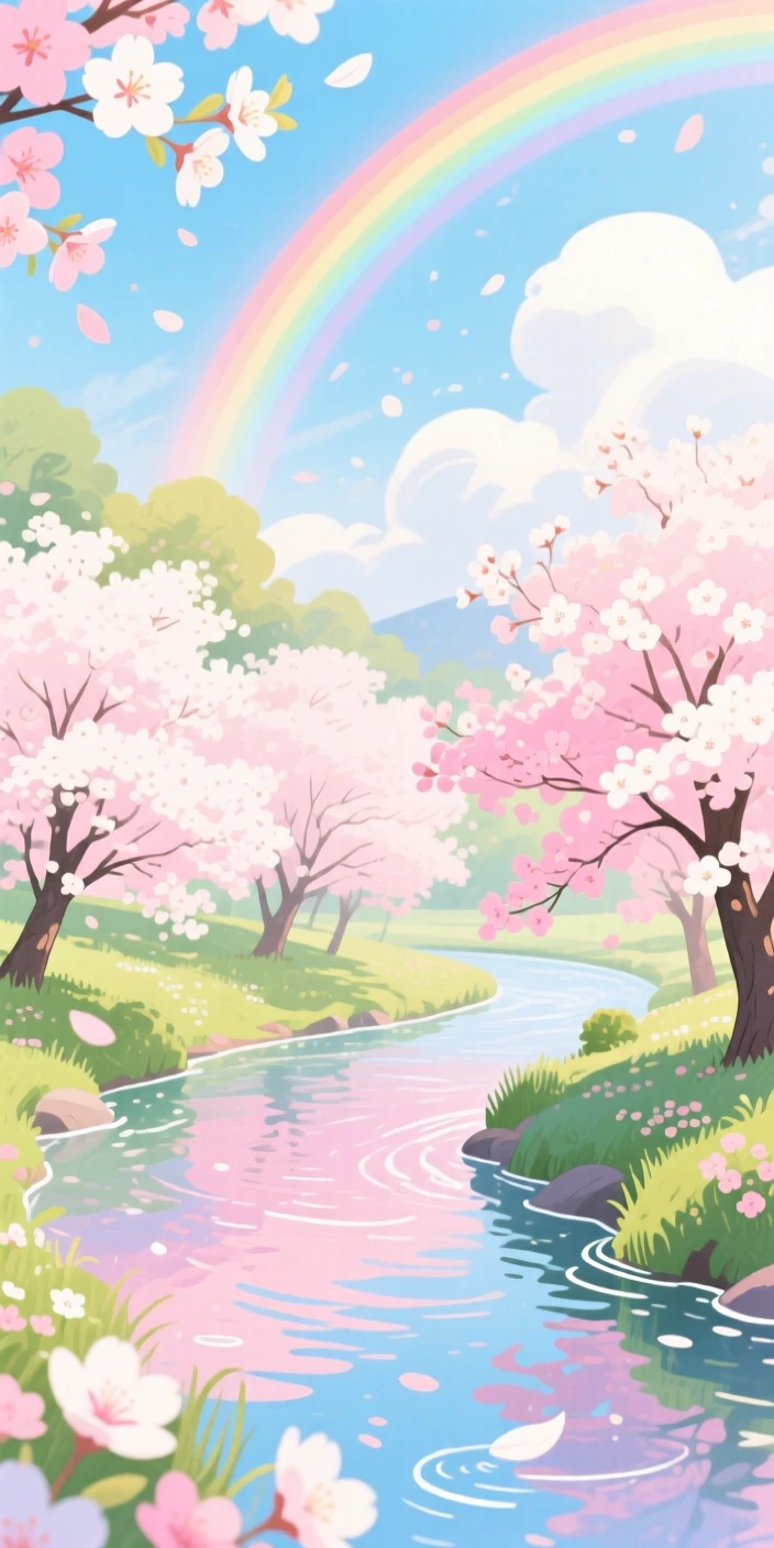A cherry blossom grove in full bloom along a river, with a rainbow arching softly overhead, capturing the breathtaking beauty of untouched nature.