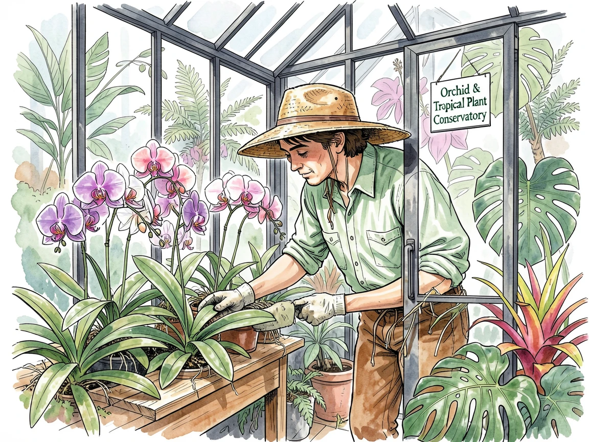 A gardener tending to a greenhouse full of orchids and tropical plants