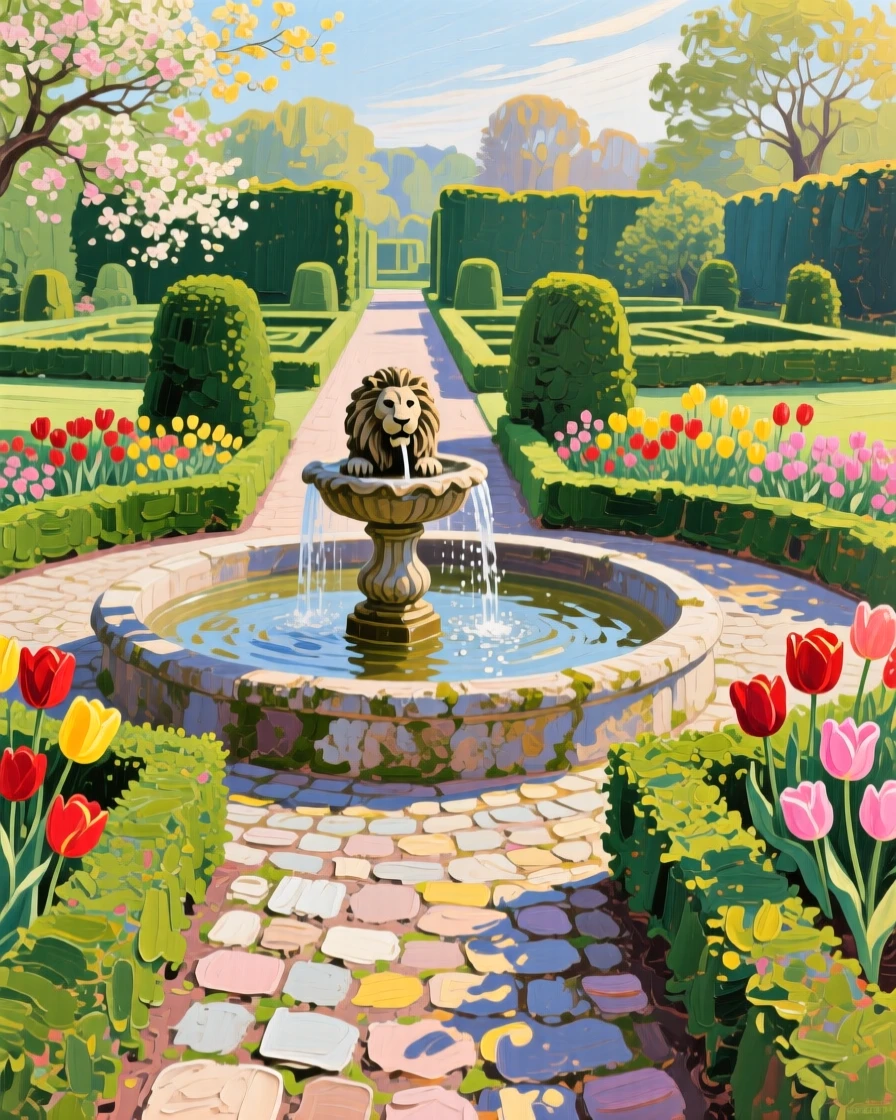 a formal garden with a fountain and clipped hedges, on a peaceful spring afternoon, composed along a natural leading line.
