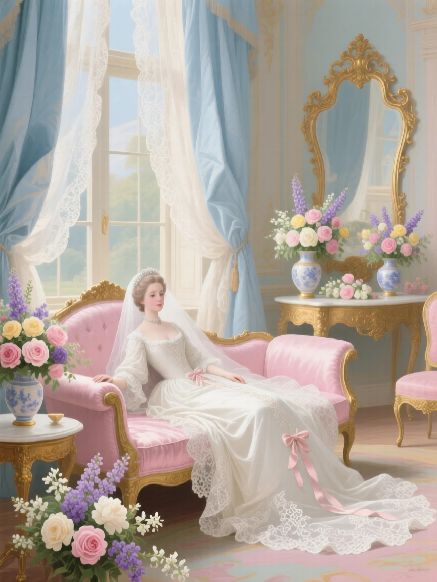 A bridal chamber with a gown laid across a chaise and flowers on every table  