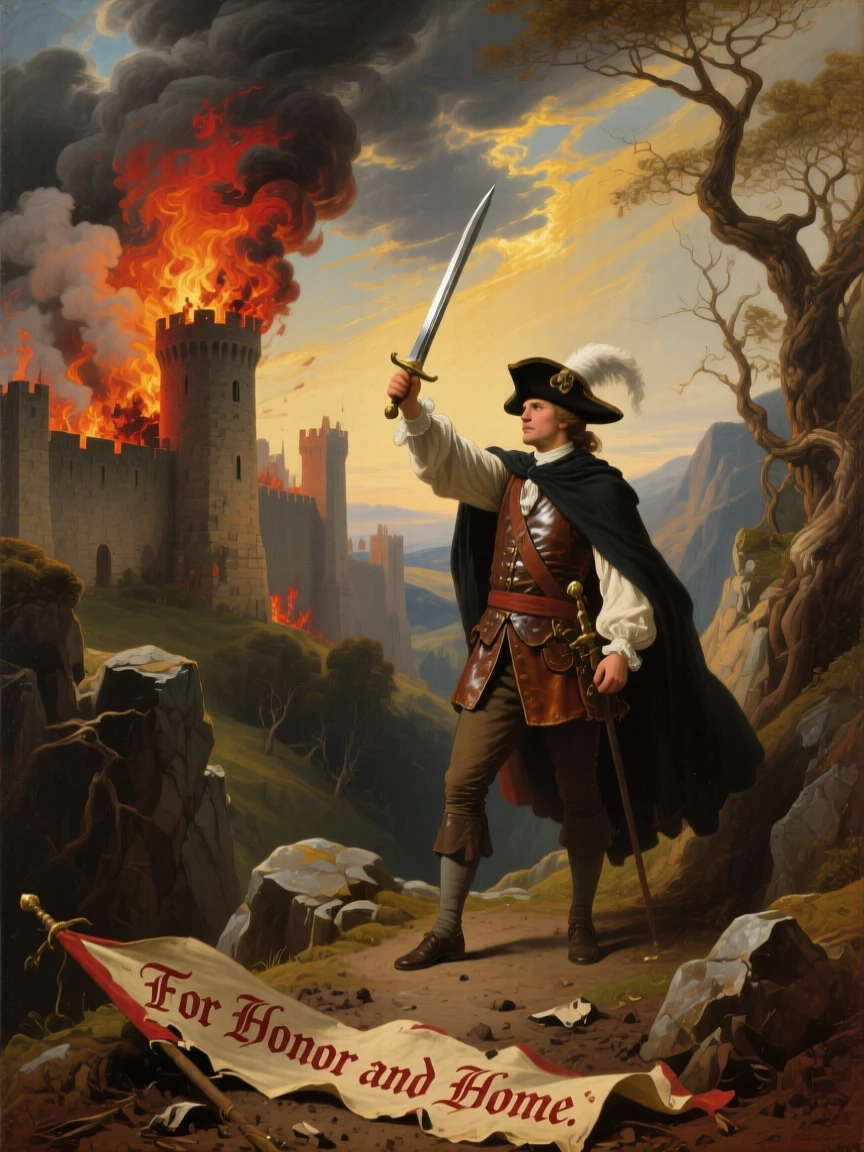 A brave captain guards the pass from a burning tower in a besieged city with sword raised high.