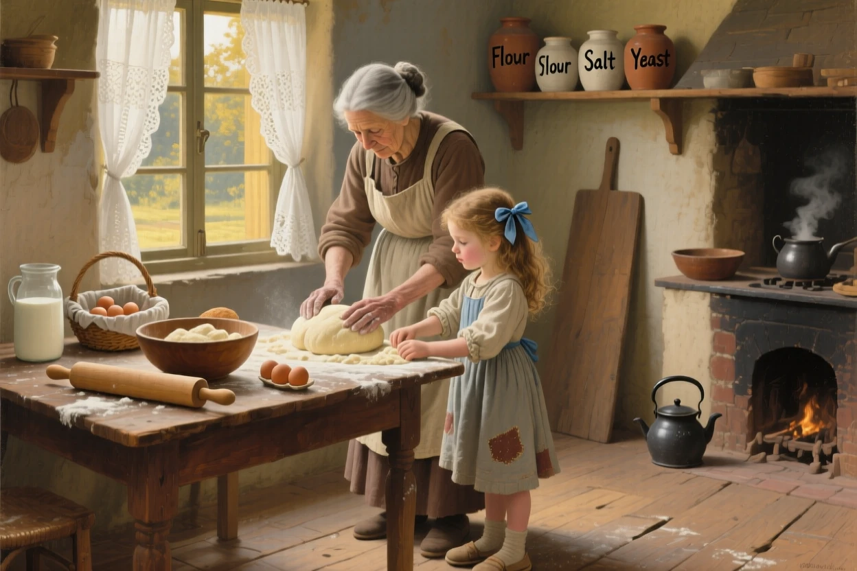 A grandmother teaching her granddaughter to bake bread in a sunlit kitchen, with the surrounding environment quietly reinforcing the emotion of the scene, evoking warmth, empathy, and genuine connection