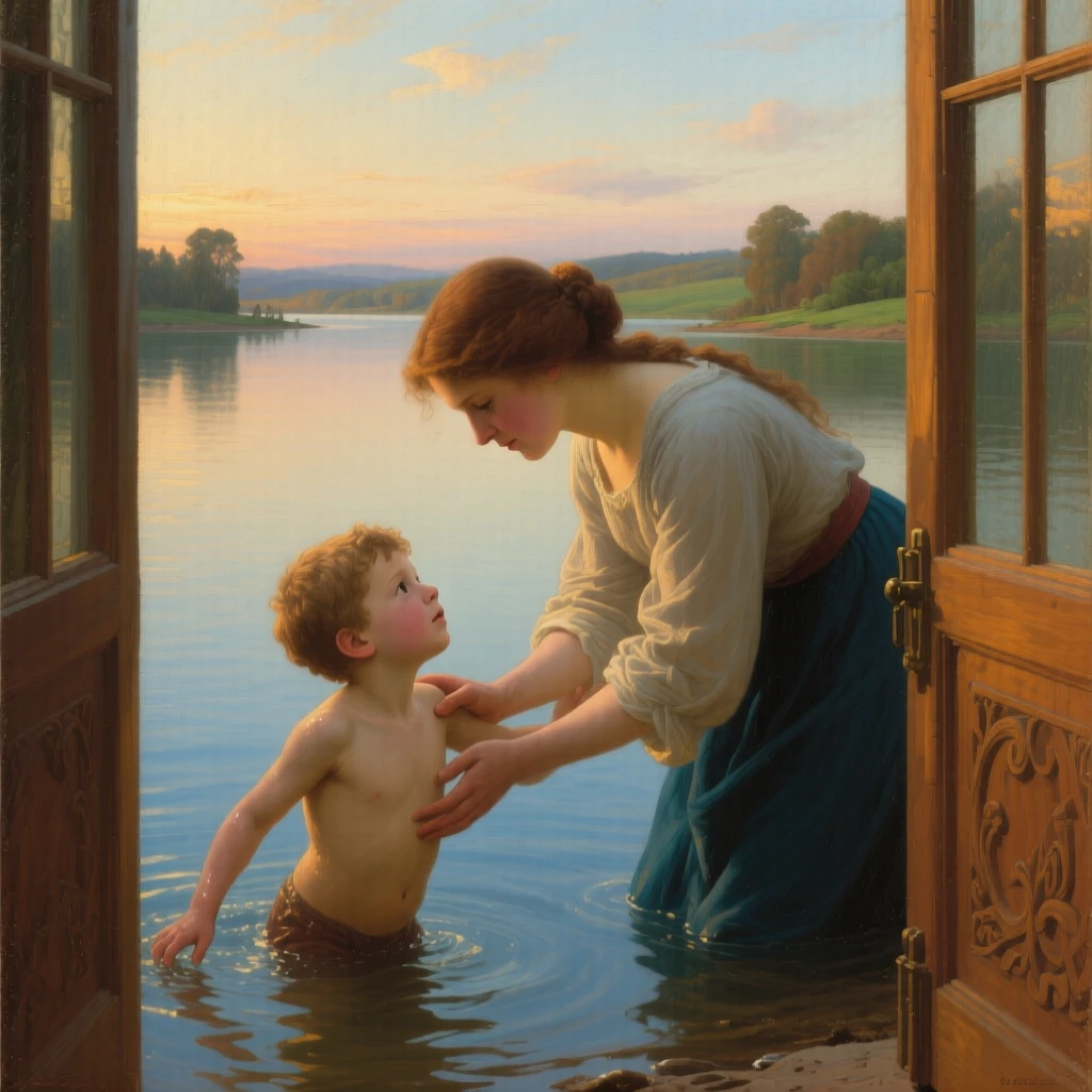 A big sister teaching her little brother to swim in a calm lake as gentle affection passes easily between generations, set beside a lakeshore glowing under a soft evening sky, with small, telling gestures like a held hand or a shared glance; gentle framing by a doorway or window softens the intimate scene, radiating warmth, comfort, and belonging.