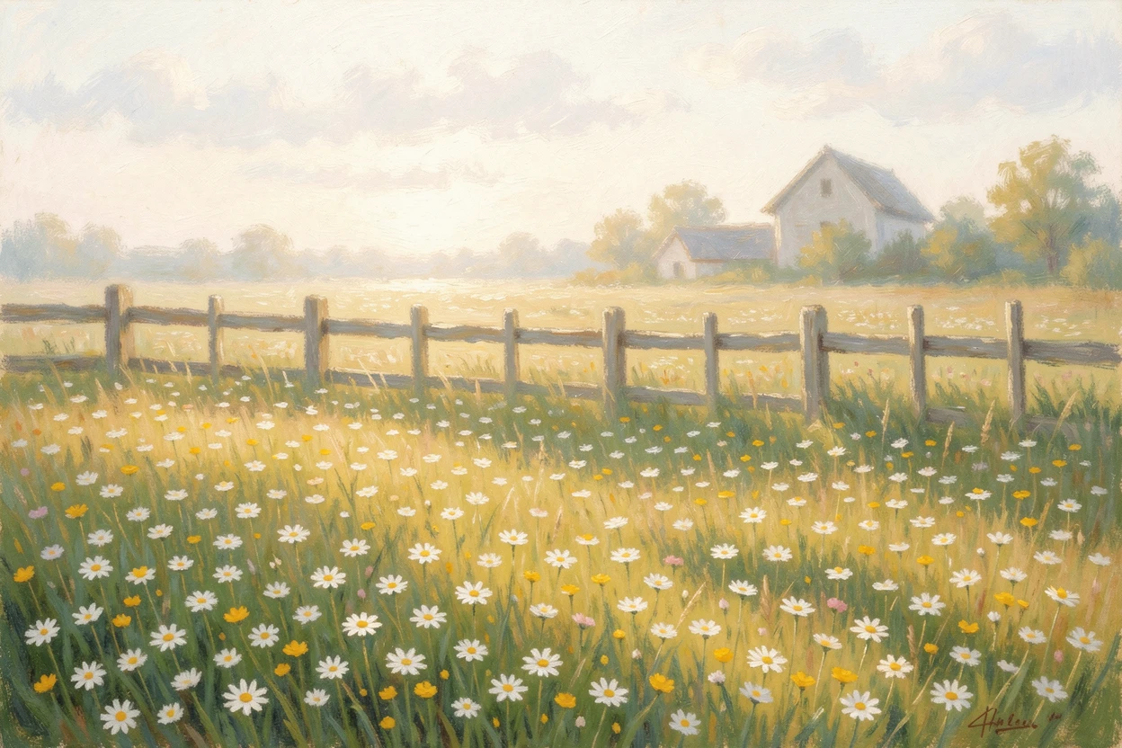 A peaceful meadow filled with wild daisies and buttercups, a weathered wooden fence marking the edge of a farm.
