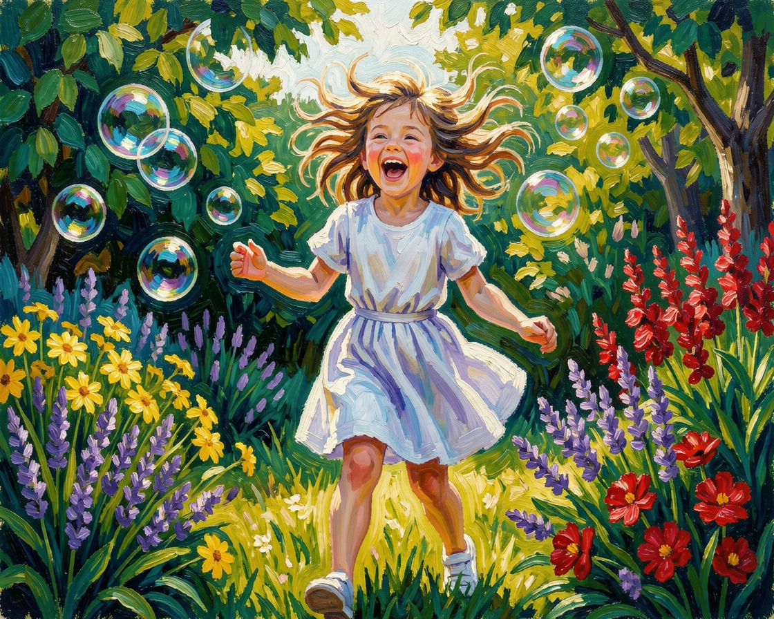 A young girl with windswept hair laughing as she chases bubbles in a summer garden.