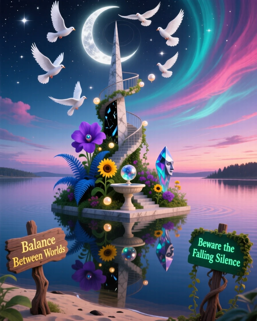 A rooftop garden balanced on a single thin spire hovers just above a mirror-still lake, and a spiral of doves circles above it.
