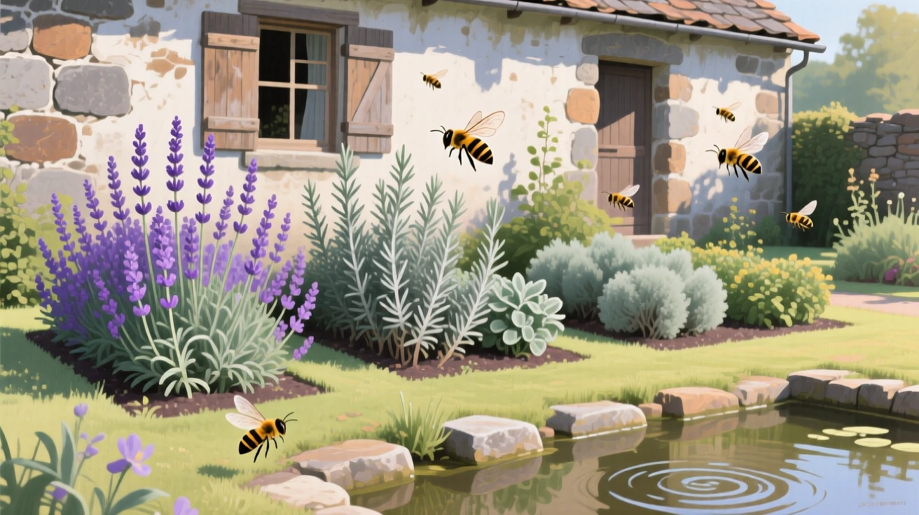 A traditional herb garden shows neat rows of lavender, rosemary, and sage beside a stone farmhouse, bees moving lazily between the fragrant plants, small ripples or movement in the foreground giving the otherwise still setting a sense of quiet life.
