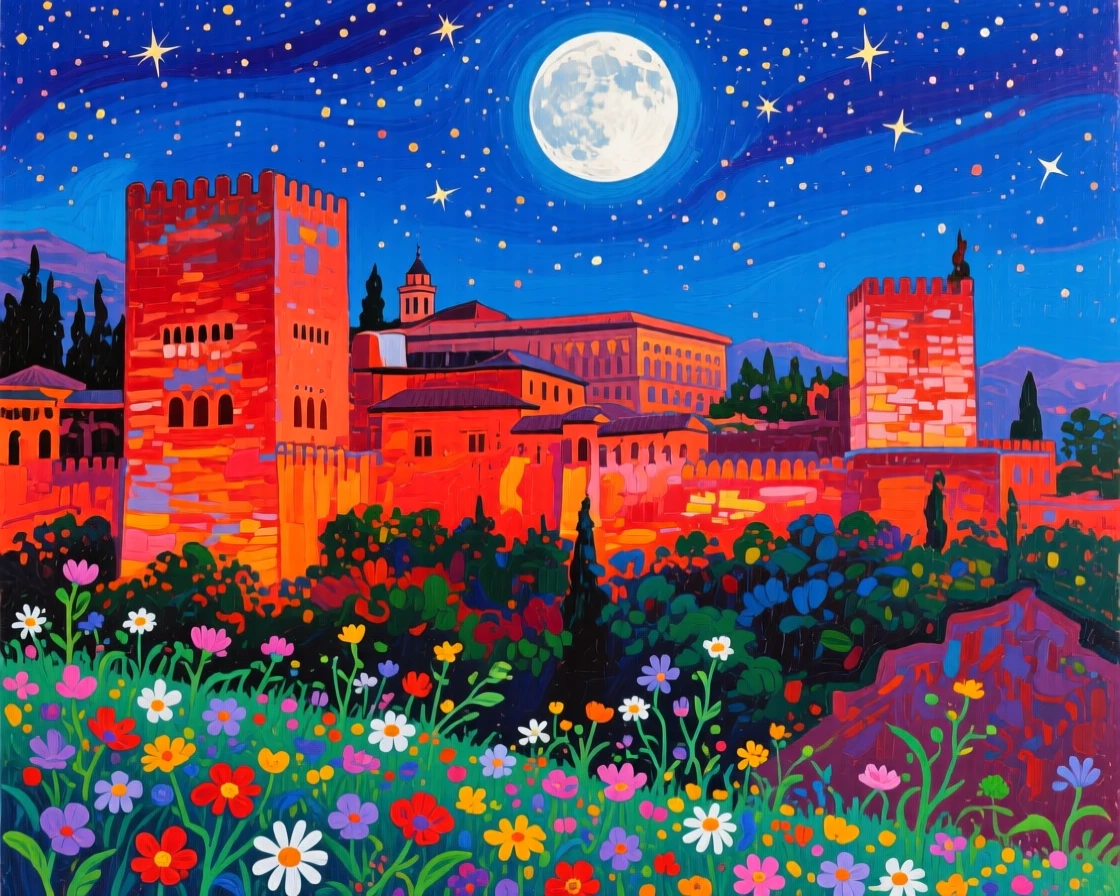 The Alhambra's red walls glowing beneath a starlit sky, beneath a brilliant full moon, wildflowers blooming in the foreground