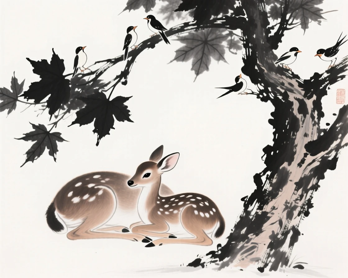 A young fawn rests beside its mother beneath a maple tree, while birds call from the surrounding branches.