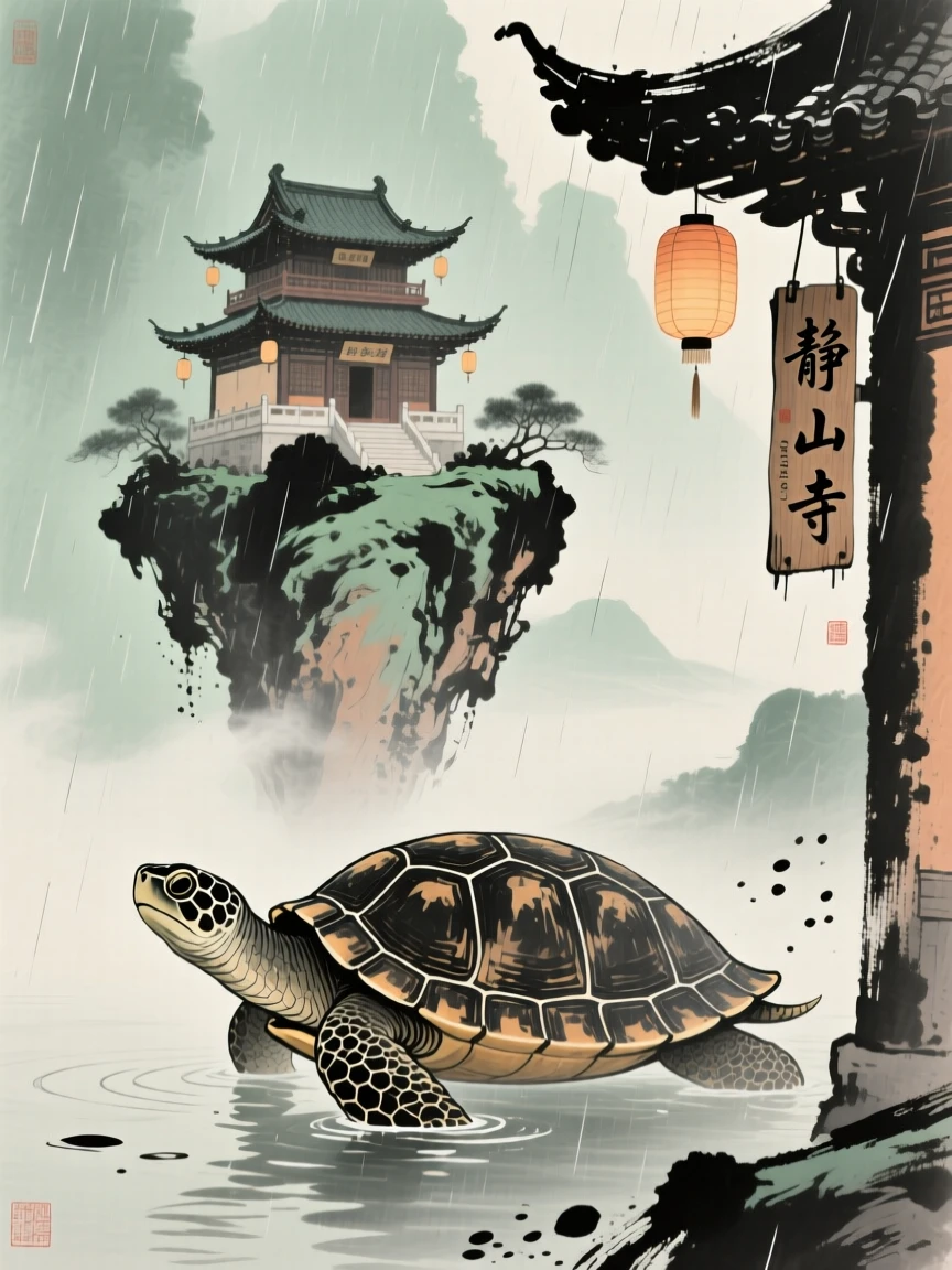 An ancient turtle bearing a floating mountain temple on its back, as summer rain begins to fall, evoking a sense of quiet solitude.