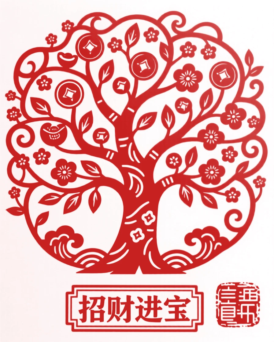 A blossoming money tree, set against a field of scrolling vines, a wish for prosperity in the year ahead.