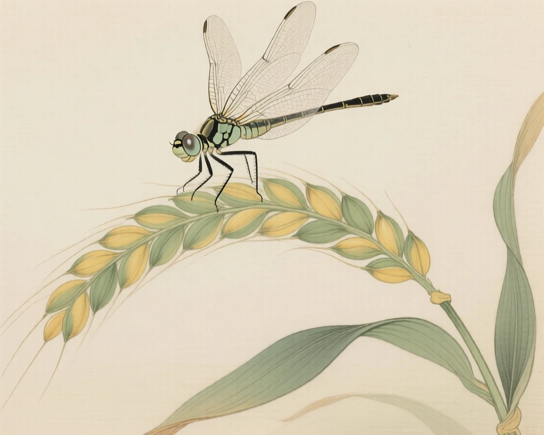 A dragonfly with translucent wings perched on a stalk of ripening wheat