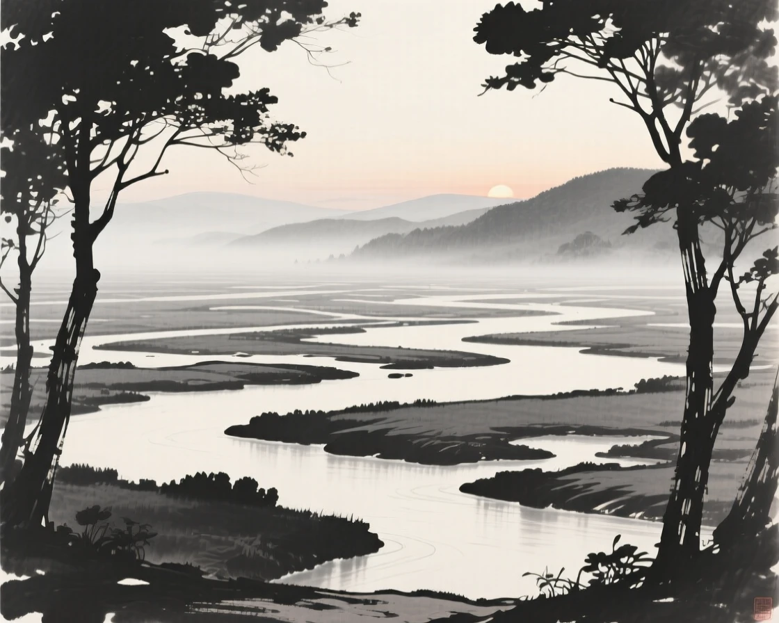 A wide river delta branching into countless quiet channels in the stillness just before sunrise, framed through a gap in the trees, revealing the valley beyond, conveying calm reflection and gentle isolation.