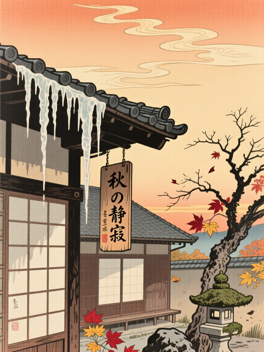 Icicles hanging from a wooden eave under a wide open autumn sky.