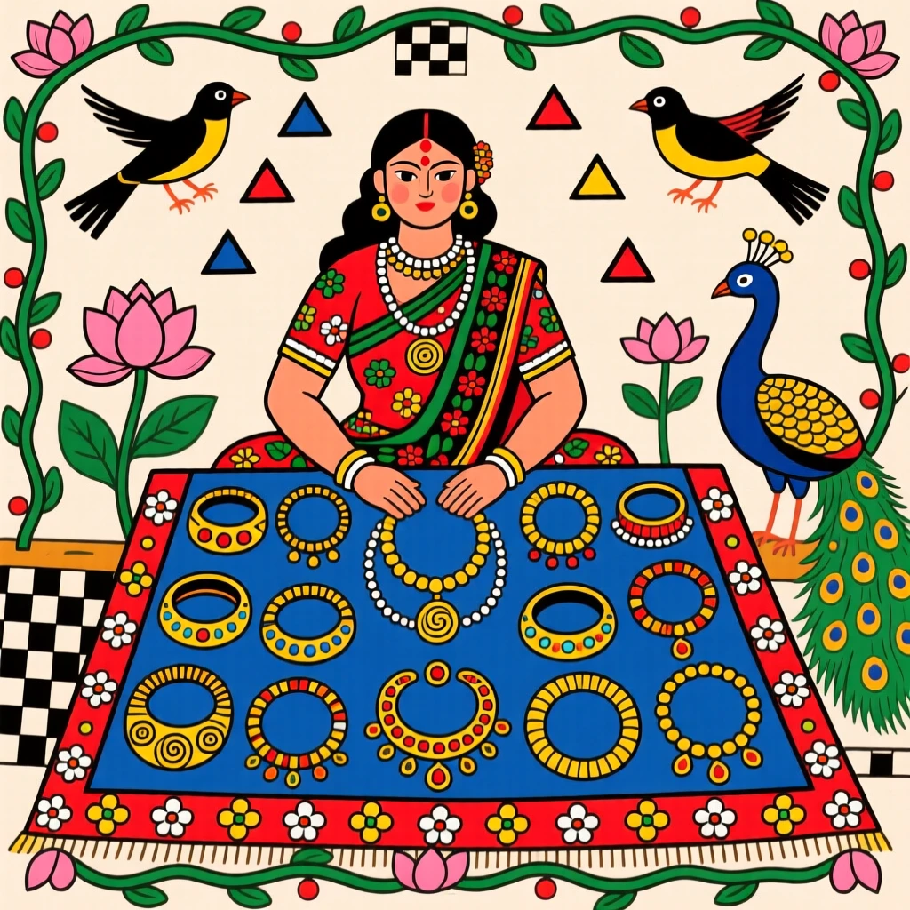 A jeweler displaying bangles and necklaces on a market cloth.
