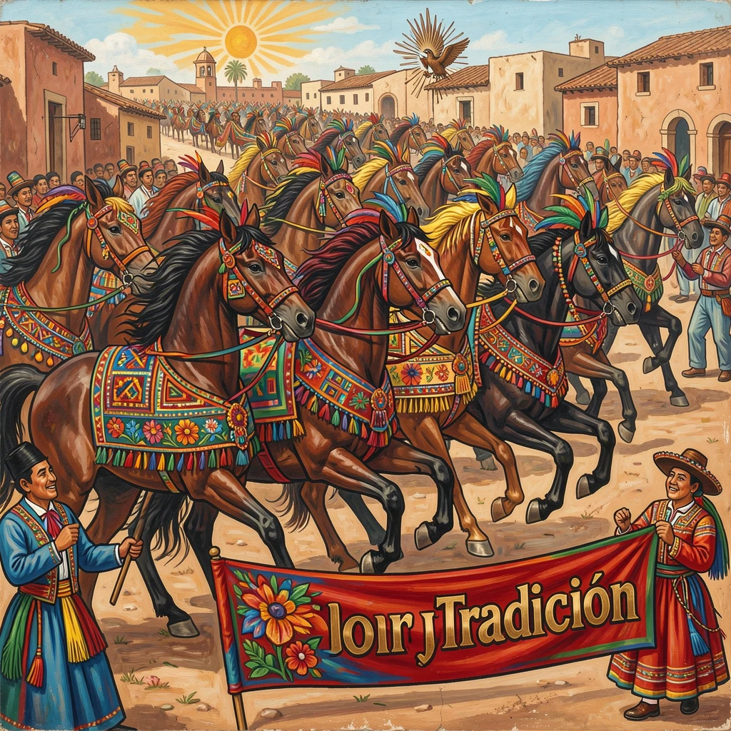 A parade of horses adorned with colorful ceremonial decorations