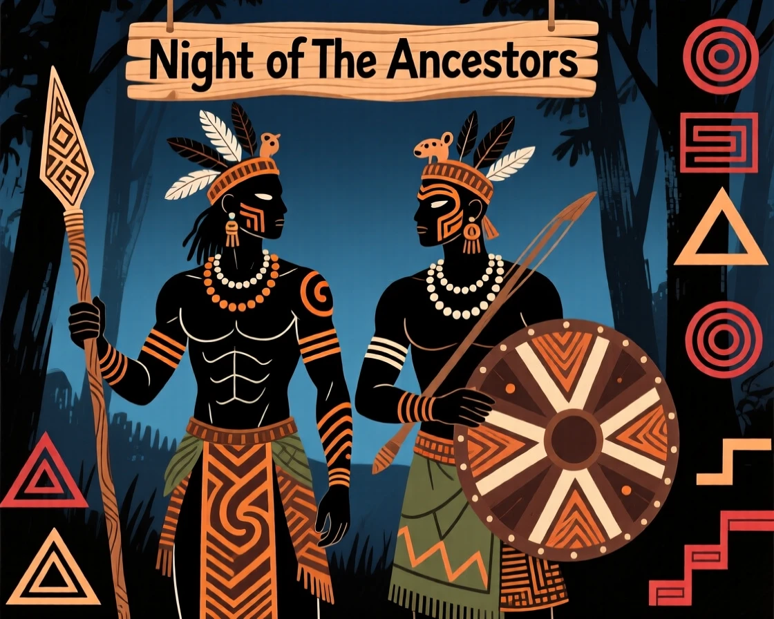 A pair of hunters preparing for a nighttime ceremony.