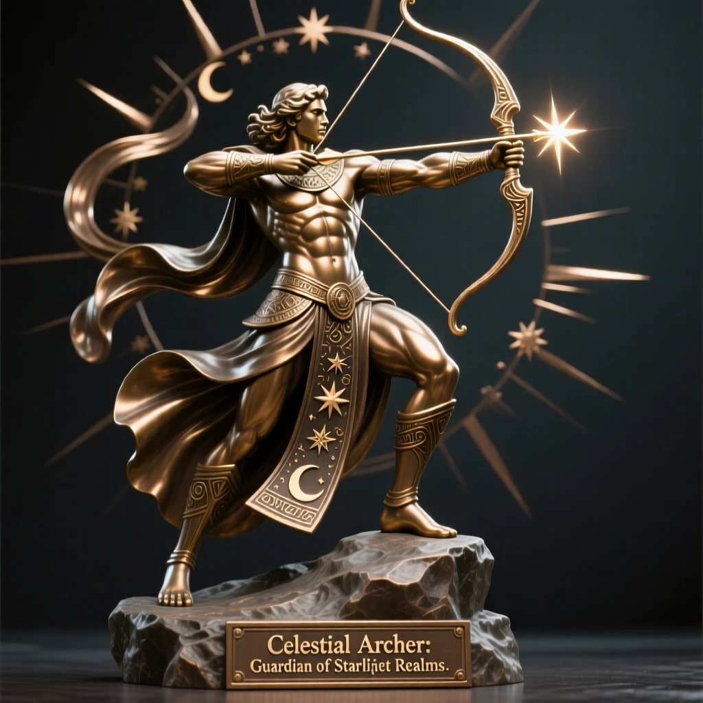 A celestial archer aiming an arrow of starlight, with an aura of ancient power, radiating awe and grandeur