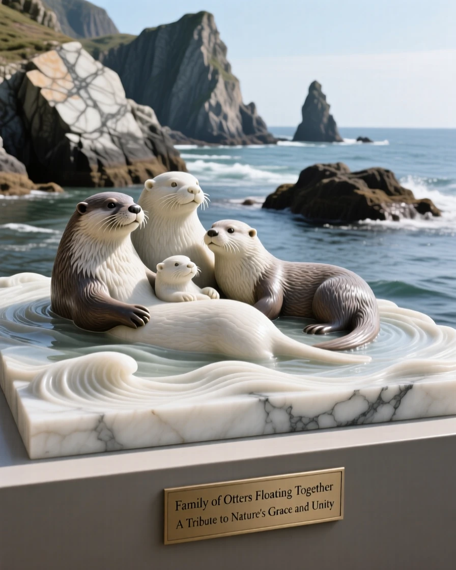 A family of otters floating together captured in a powerful, dignified pose along a rugged coastline