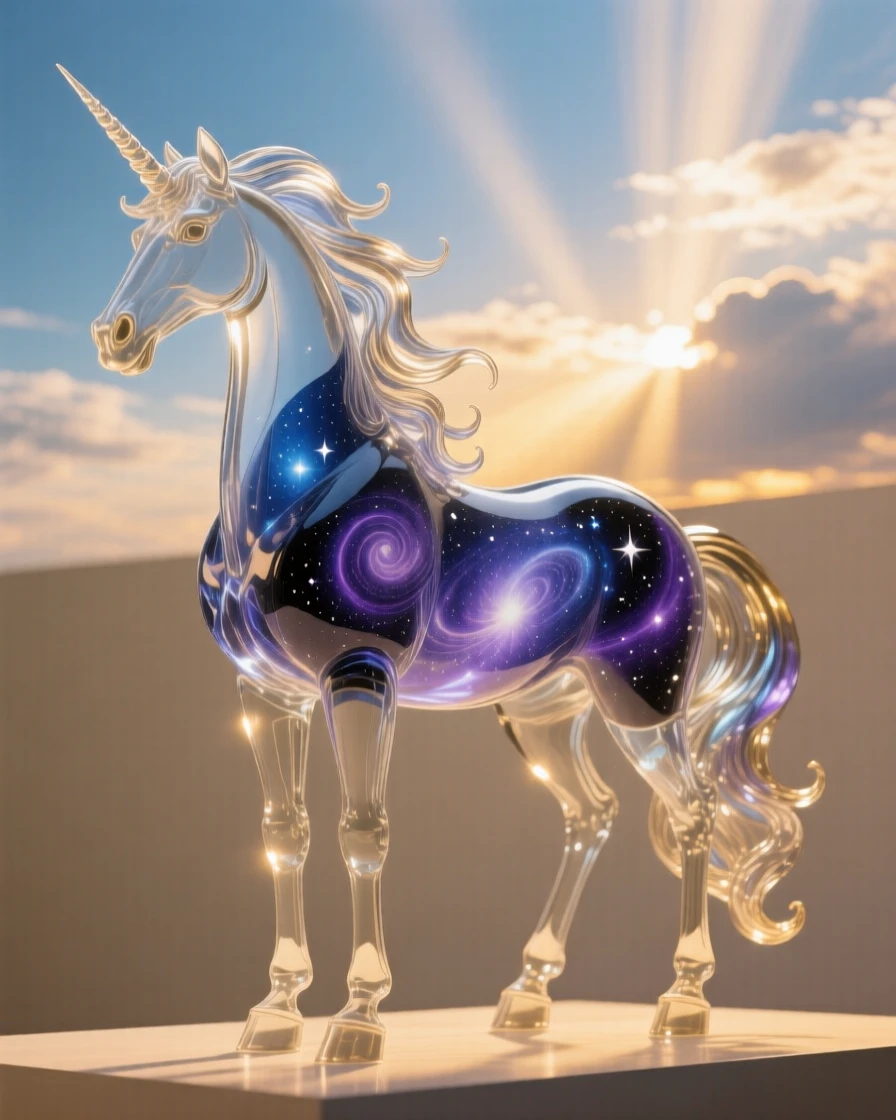 A starlit unicorn with a flowing galaxy-patterned mane at golden hour with warm rays breaking through the clouds, epic scale composition, inspiring a sense of wonder and hope.