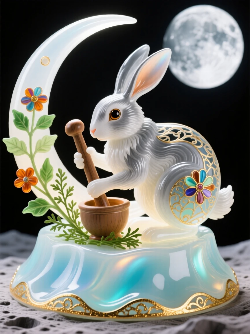 A moon rabbit pounding herbs atop a glowing lunar crater, whimsical and folkloric.