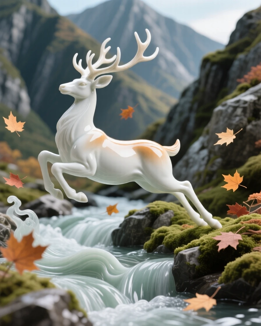A majestic stag leaping over a rushing stream in a rugged mountain ridge, surrounded by drifting autumn leaves.