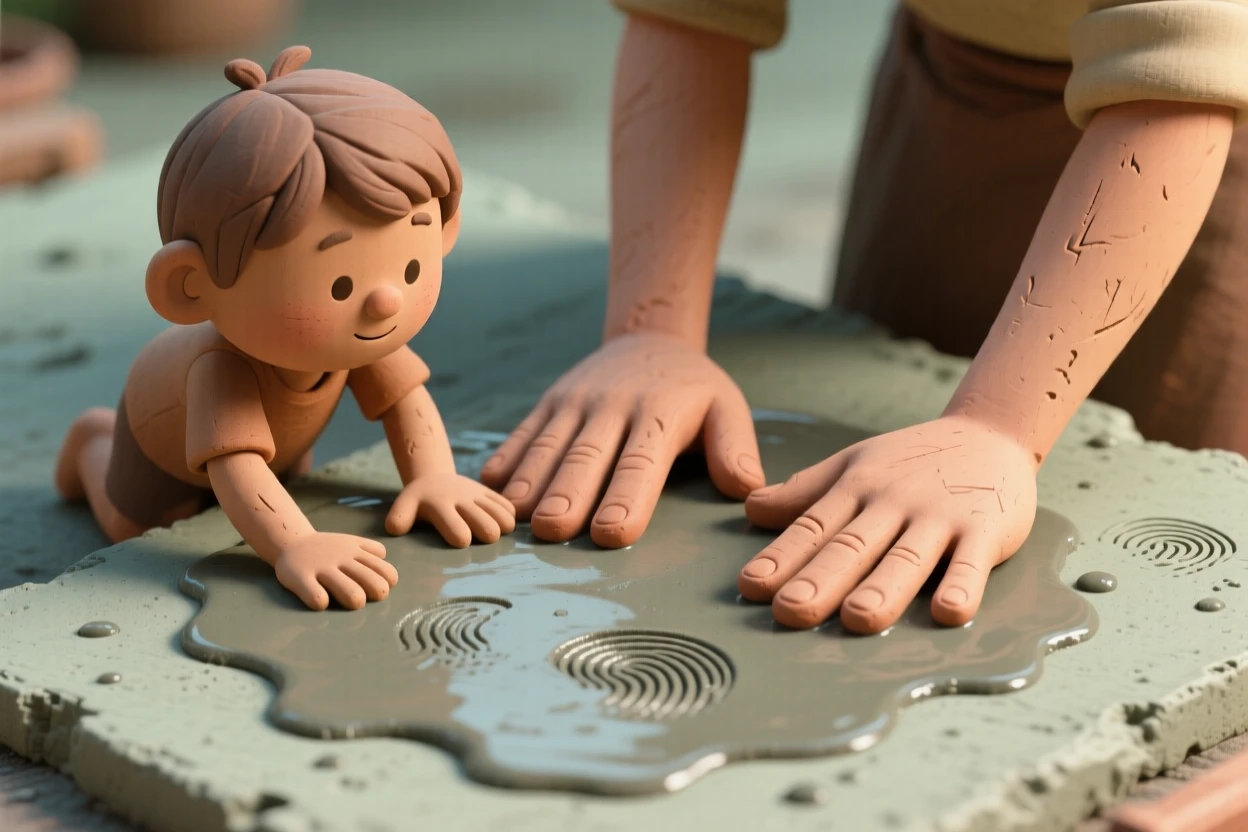 A child pressing their hand into wet cement alongside a parent's