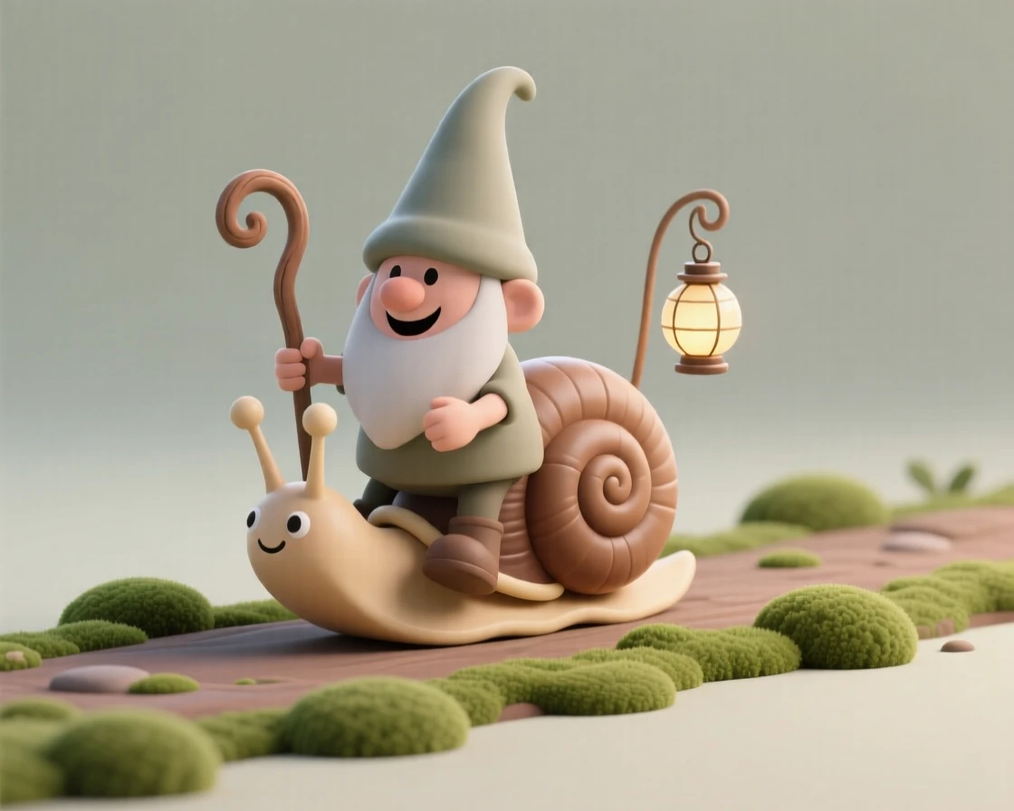 A cheerful gnome gardener rides a snail across a mossy path, tiny lantern swinging from a curled staff.