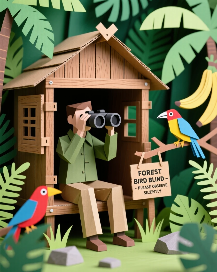 A birdwatcher with binoculars observing colorful tropical birds from a hidden forest blind, evoking patient curiosity about nature.