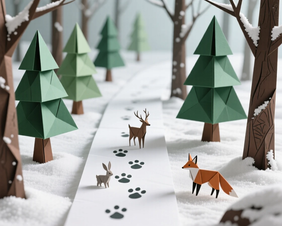 A quiet forest path dusted with the first snow of the season, animal tracks leading into the trees.