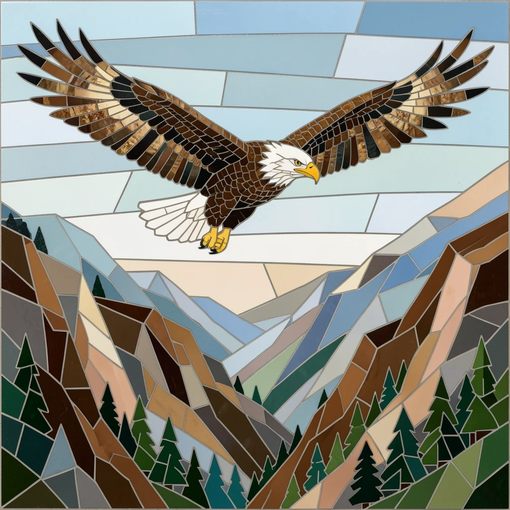 A bald eagle soaring above a rugged mountain valley, captured in soft natural light with a shallow depth of field.