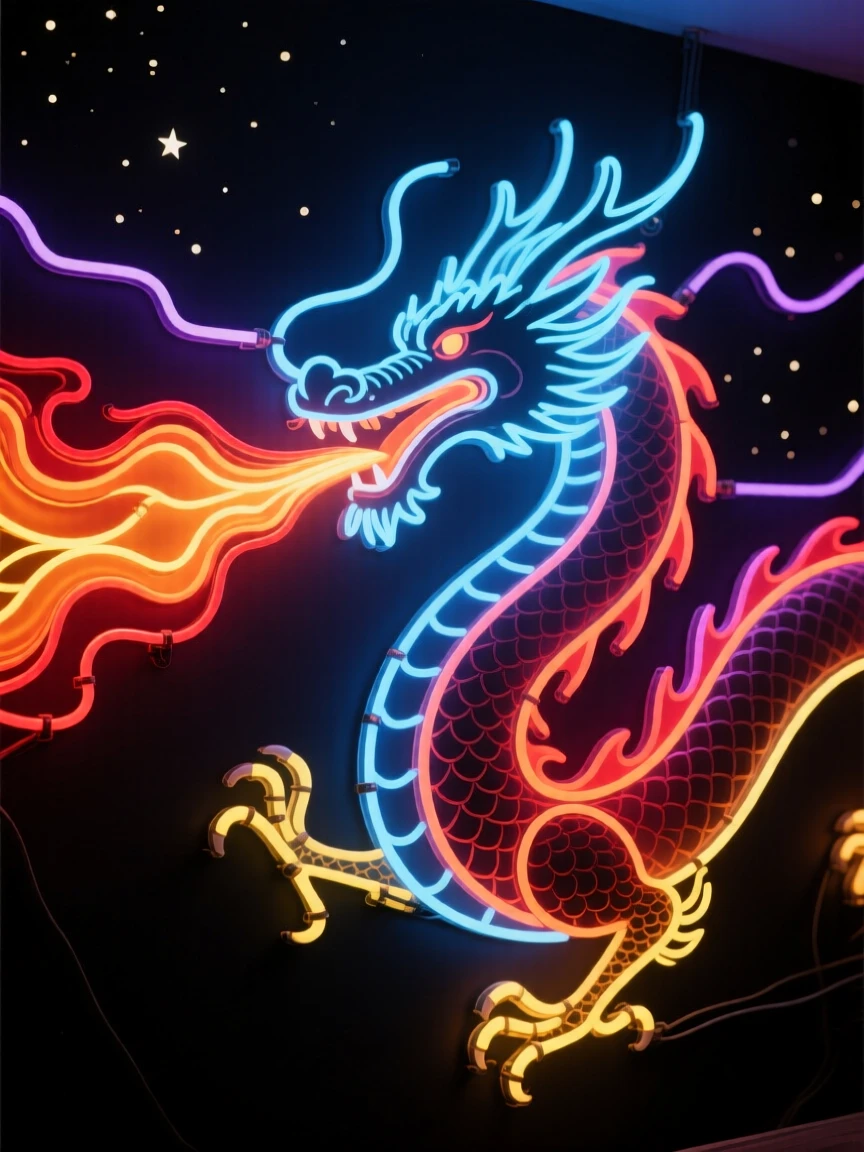 A dragon breathing a stream of fire across a night sky.