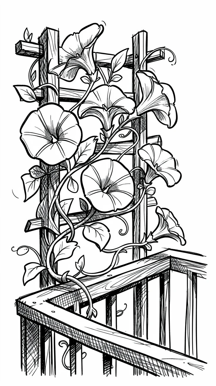 A vine of morning glories on a trellis along a sunny balcony railing.