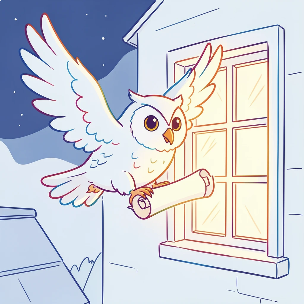 A giant owl messenger delivering a scroll to a lit window at night.