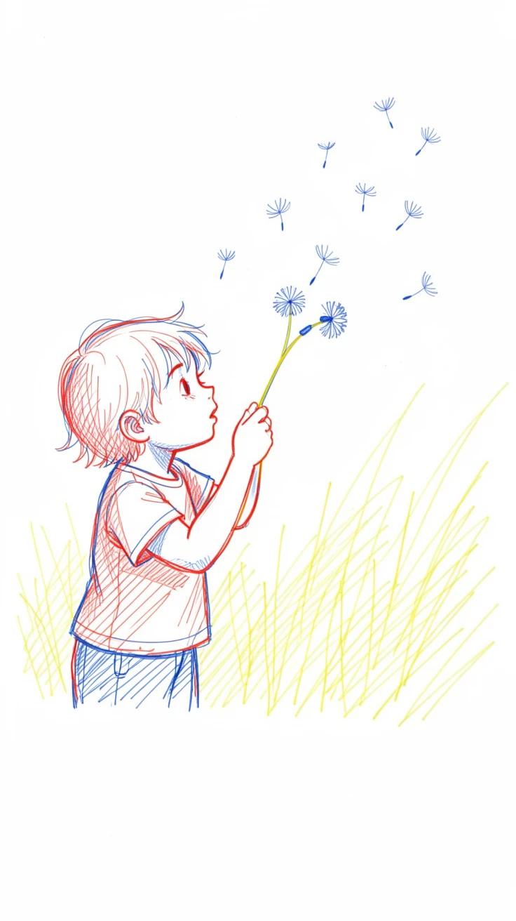 A child blowing dandelion seeds into the summer breeze