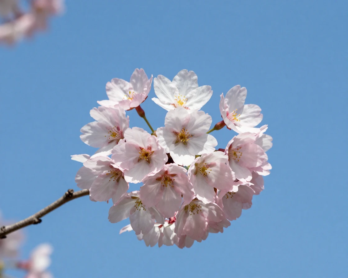 A cherry blossom branch against a clear blue sky