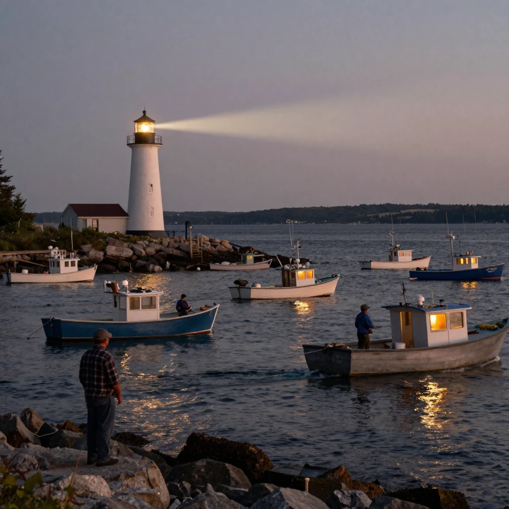 A lighthouse beam sweeps across a bay dotted with tiny fishing boats returning home.
