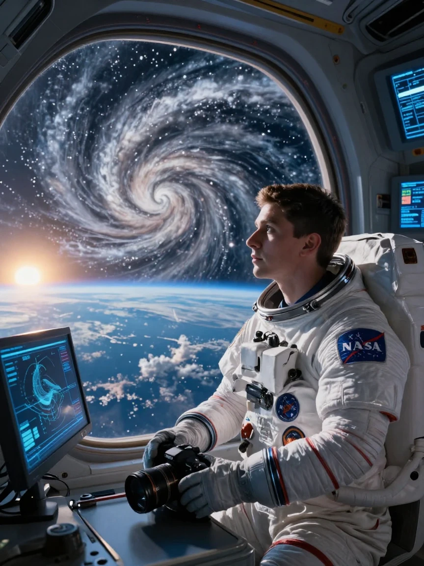 A young astronomer monitoring a swirling storm from orbit above the curve of the Earth