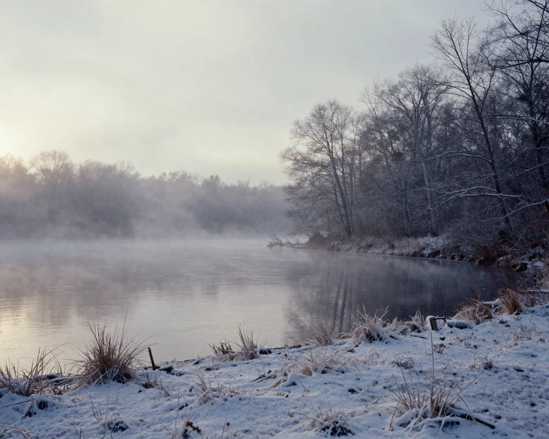 Morning mist rising off a quiet lake at sunrise, under a pale winter sky, as heat shimmers over the ground, under the first snow of winter, in cool blues and silvery greys, from a slightly elevated vantage point.