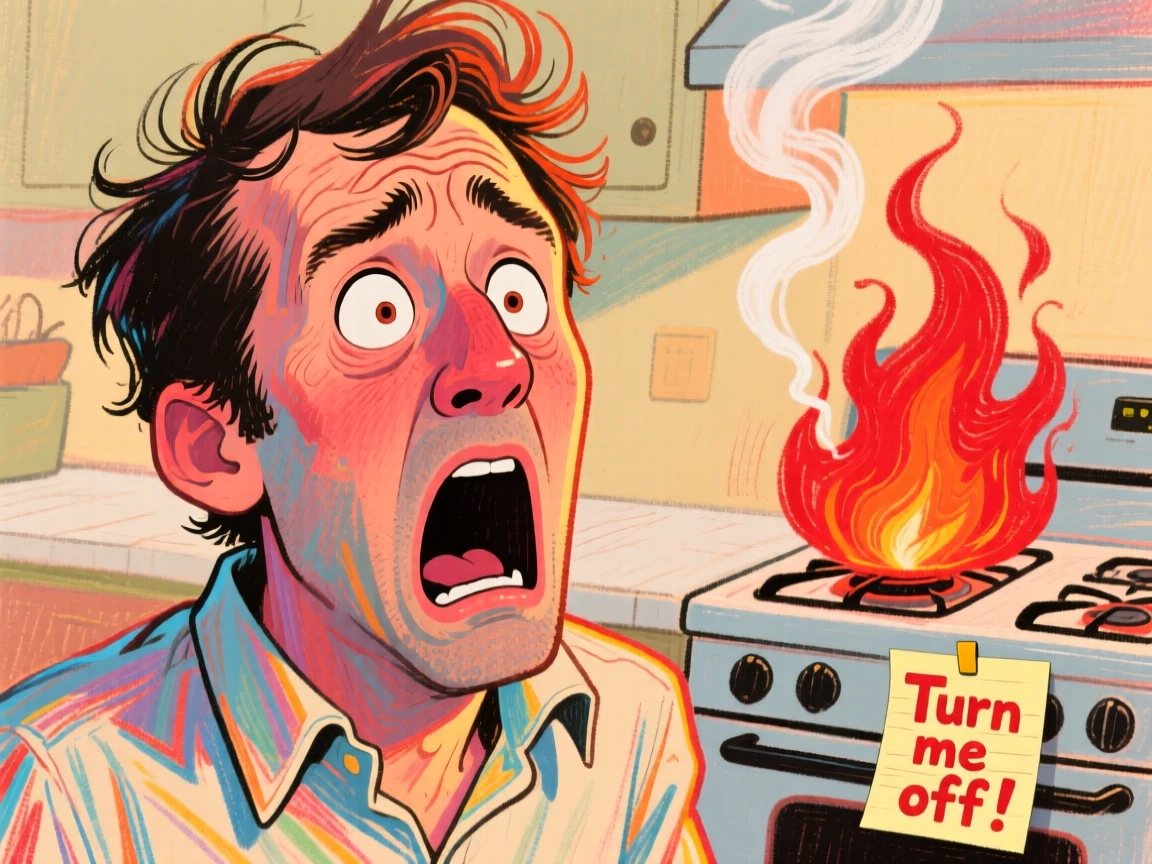 A man mid-gasp after realizing he left the stove on before leaving the house.